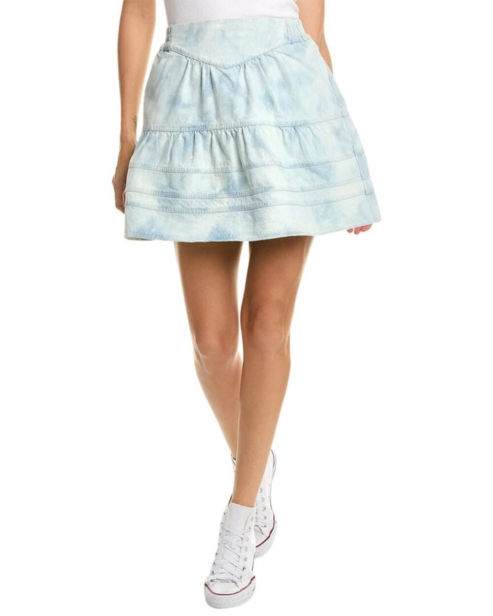 Sea NY Bleached Denim Daryl Mini Skirt Size S Tiered Elastic Waist Pockets